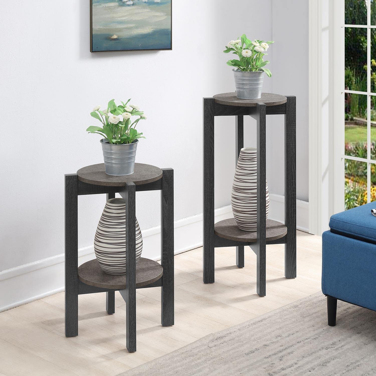 Convenience Concepts Newport Deluxe Plant Stand - Faux Cement & Weathered Gray Finish | Indoor/Outdoor Flower Pot Holder for Patio, Garden & Home Decor