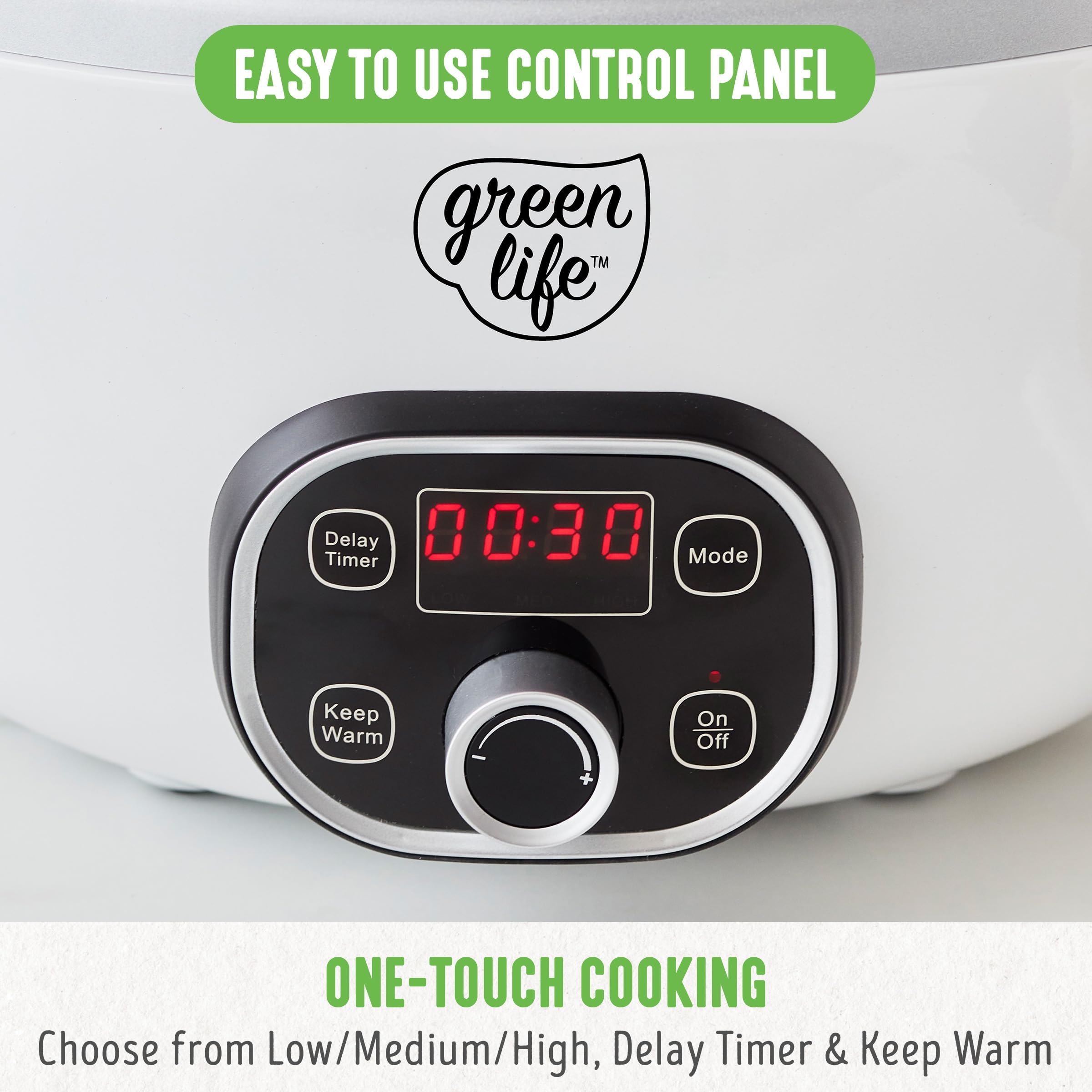 GreenLife 6 Quart Ceramic Slow Cooker - PFAS-Free, Programmable Crock Pot with Removable Nonstick Pot, Digital Timer & Stovetop Sear Function | Perfect for Large Families, Meal Prep, Soups, Stews & Holiday Gatherings | Dishwasher Safe Glass Lid & White Crock
