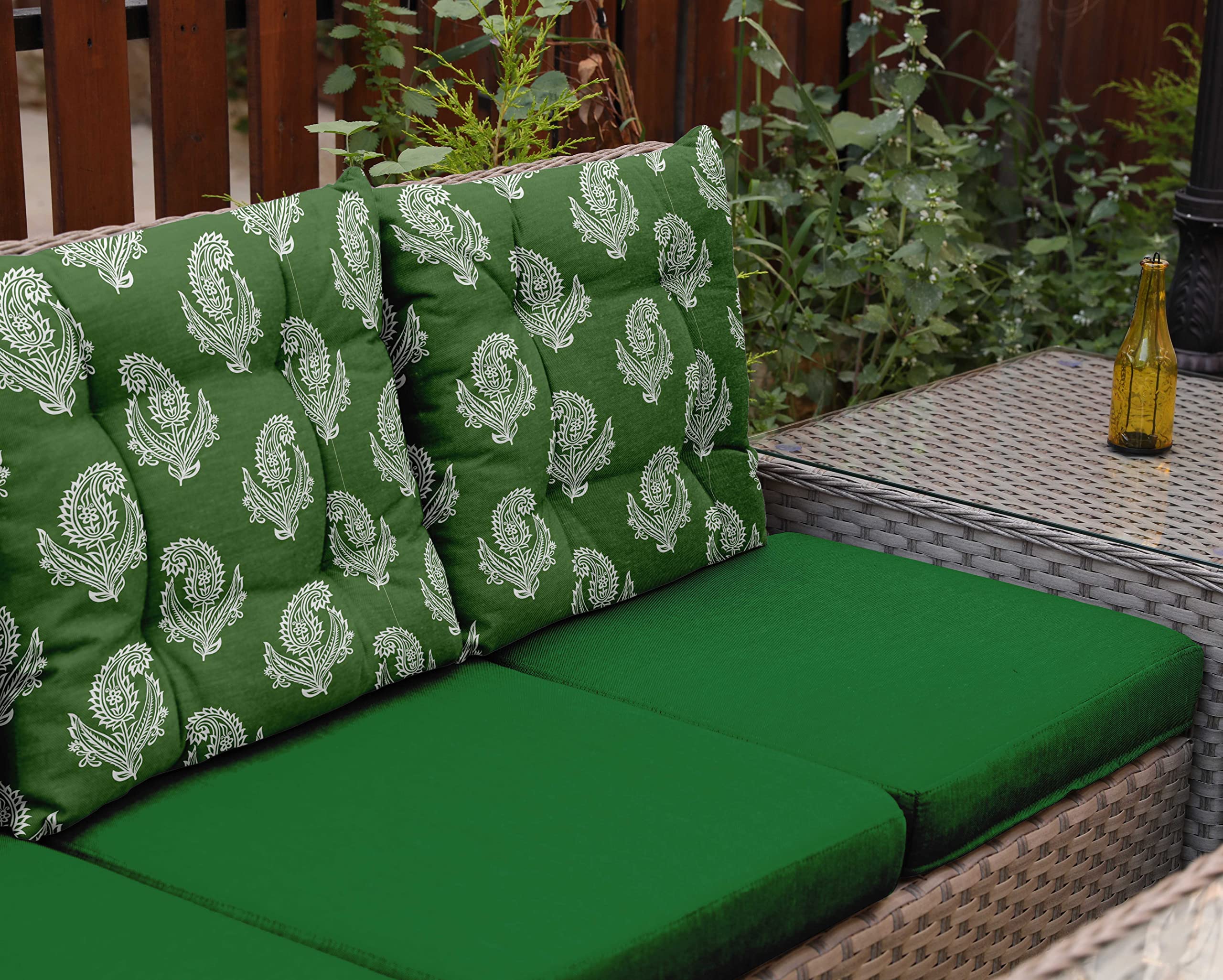 Water Resistant Indoor/Outdoor Tufted Square Patio Cushion Set of 2 - 19-inch Green Asian Block Paisley Printed Seat Cushions for Garden, Deck & Poolside Furniture | Weatherproof Outdoor Decor