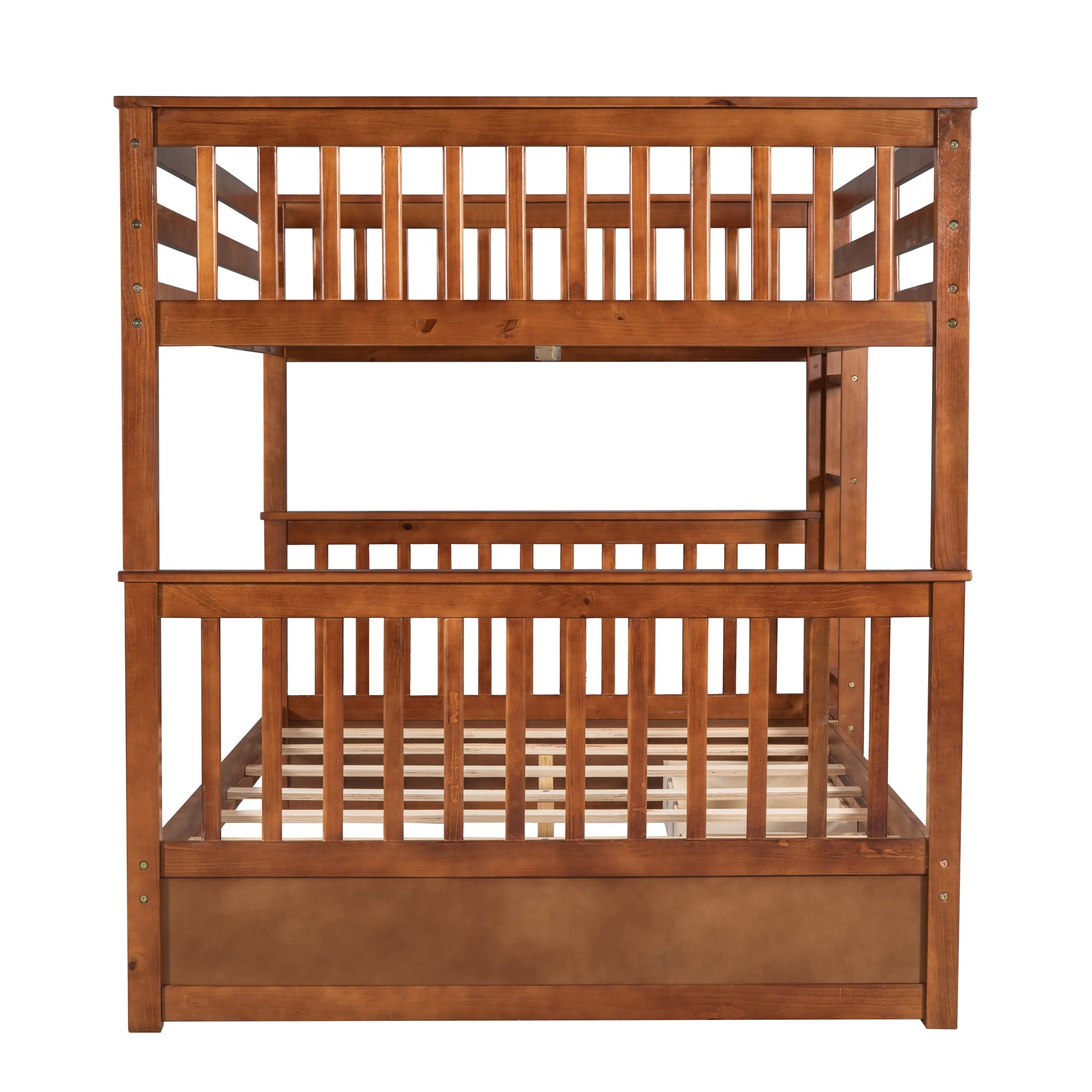 Rhomtree Full-Over-Full Wooden Bunk Bed with Ladder, 2 Storage Drawers & Safety Guardrail - No Box Spring Required (Walnut Finish) - Perfect for Kids' Bedrooms, Guest Rooms & Space-Saving Solutions
