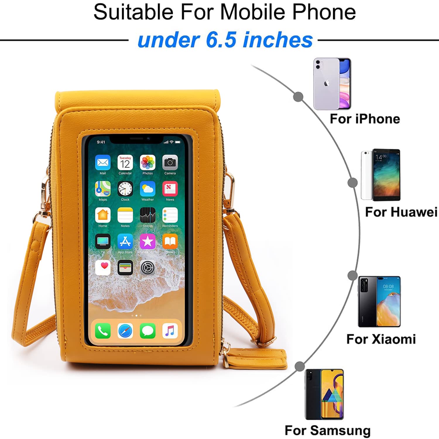HUASUN Women's PU Leather Wallet with Touch Screen Window & Adjustable Shoulder Strap - Crossbody Phone Pouch for iPhone, Cards & Cash - Perfect for Shopping, Travel & Daily Use