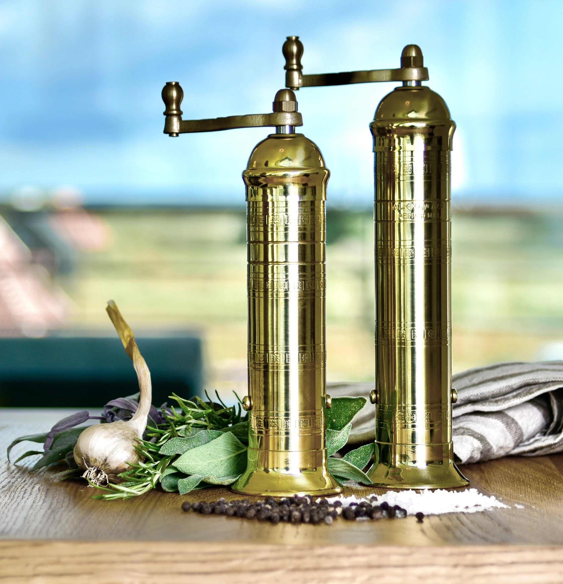 Premium ALEXANDER Brass Pepper Mill - 9 Inch Adjustable Grinder for Fresh Ground Pepper | Perfect for Kitchen, Dining Table & Gourmet Cooking