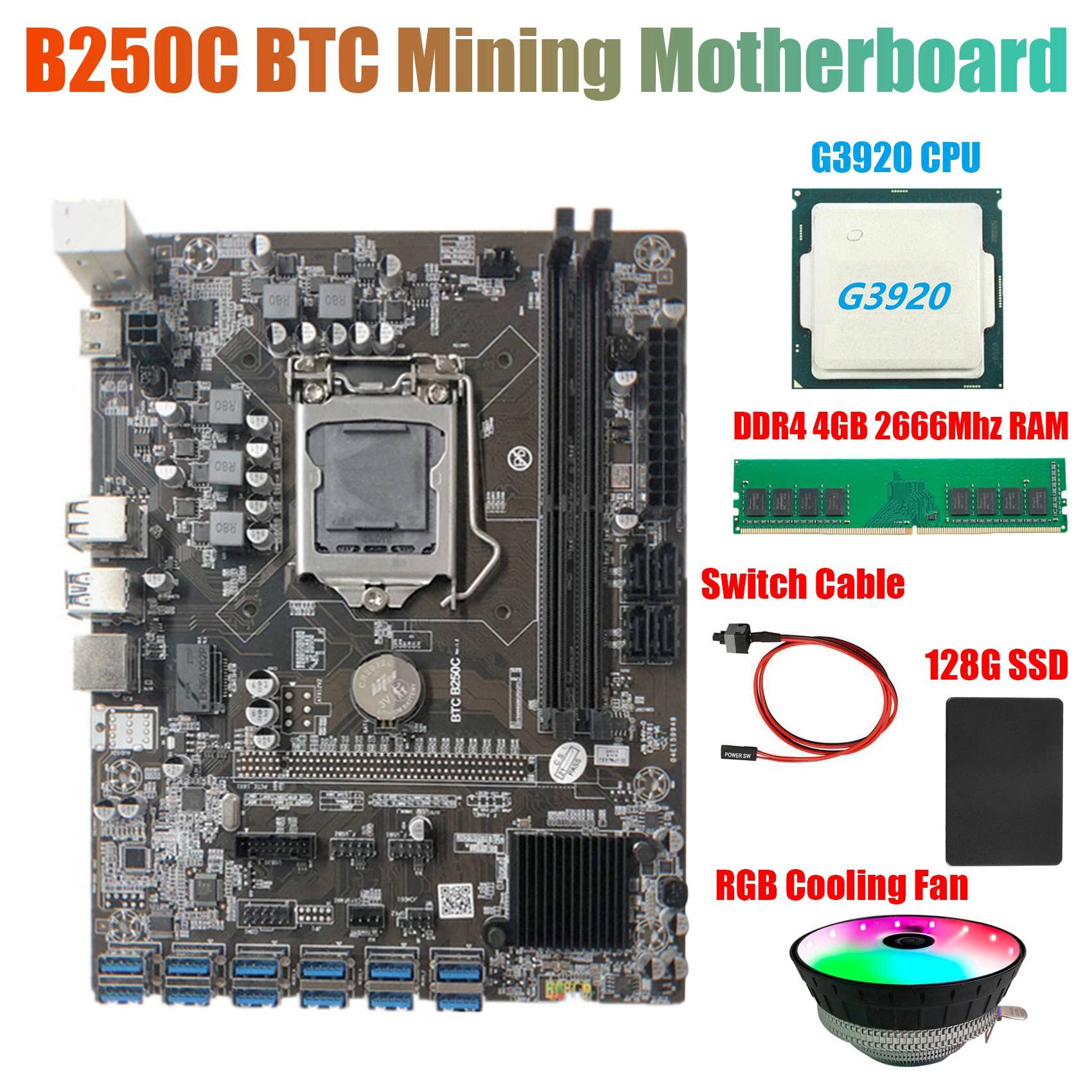 Flisdtry B250C BTC Motherboard Bundle - Intel G3920/G3930 CPU, RGB Fan, 4GB DDR4 2666MHz RAM, 128GB SSD, 12X PCIE to USB3.0 GPU Switch Cable - Perfect for Cryptocurrency Mining & Gaming PC Builds