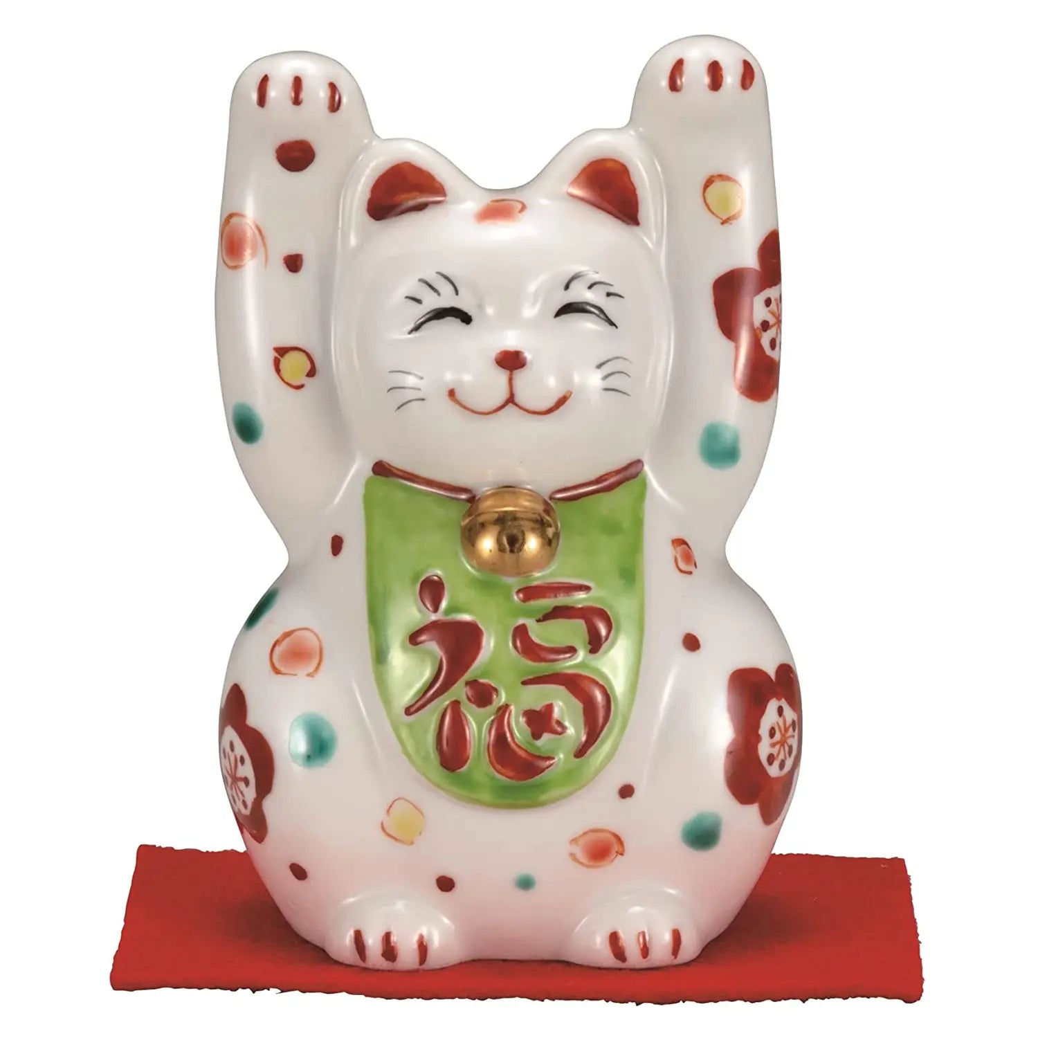 Authentic Japanese Kutani Ware Porcelain Maneki Neko Lucky Cat Figurine with Kamon Crest - 3.2