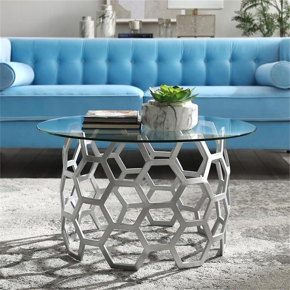 BOWERY HILL Modern Round Glass Top Coffee Table - Silver Finish | Perfect for Living Room, Lounge & Office Decor