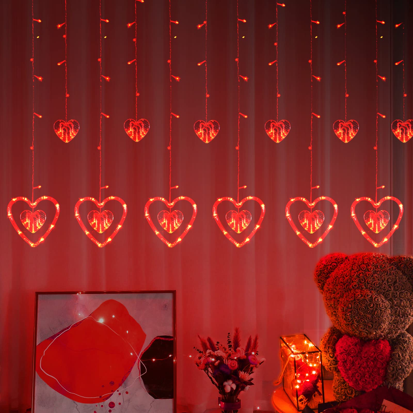 LOLStar Valentine's Day LED String Lights - 168 Heart-Shaped Red Window Lights with Remote Control, 8 Flashing Modes, Indoor Hanging Curtain Lights for Romantic Decor - Perfect for Bedroom, Wedding, Party & Valentine's Day Decorations