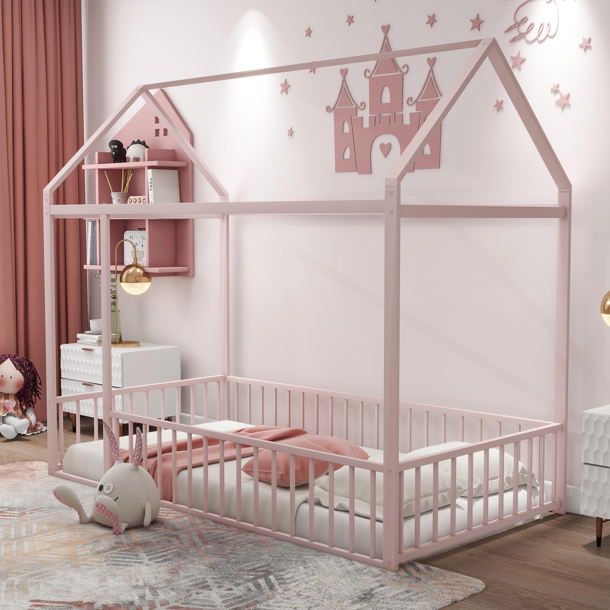 Montessori Twin Floor Bed with Safety Rails for Kids - Metal Frame Playhouse Bed with Roof for Boys, Girls & Toddlers | Sturdy Post Foot Pads for Teens - Perfect for Bedrooms, Playrooms & Montessori Learning Spaces
