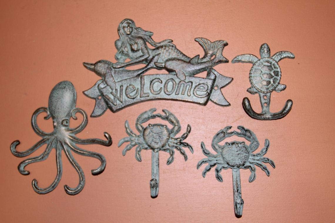 Bronze Look Cast Iron Mermaid Wall Hooks Set of 5 - Octopus, Crab & Sea Turtle Coat Hooks for Beach House Decor, Coastal Entryway Organization | Perfect for Nautical Bathroom, Kids' Bedroom & Seaside Cottage Entry