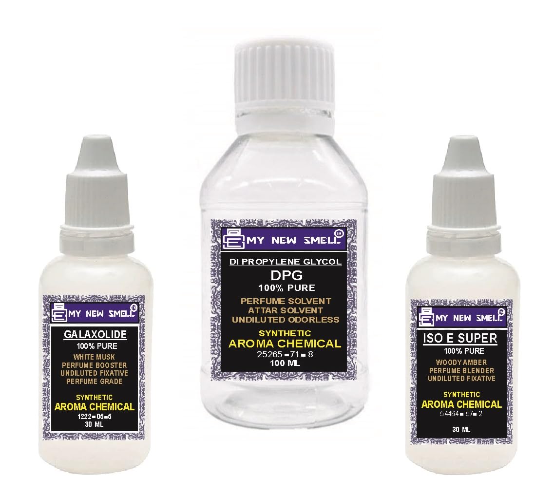 Premium Perfume Fixatives Combo - GALAXOLIDE (30ml), DPG (100ml), ISO E SUPER (30ml) | Long-Lasting Fragrance Booster & Solvent Blender for DIY Perfume Making, Aromatherapy, and Home Scents