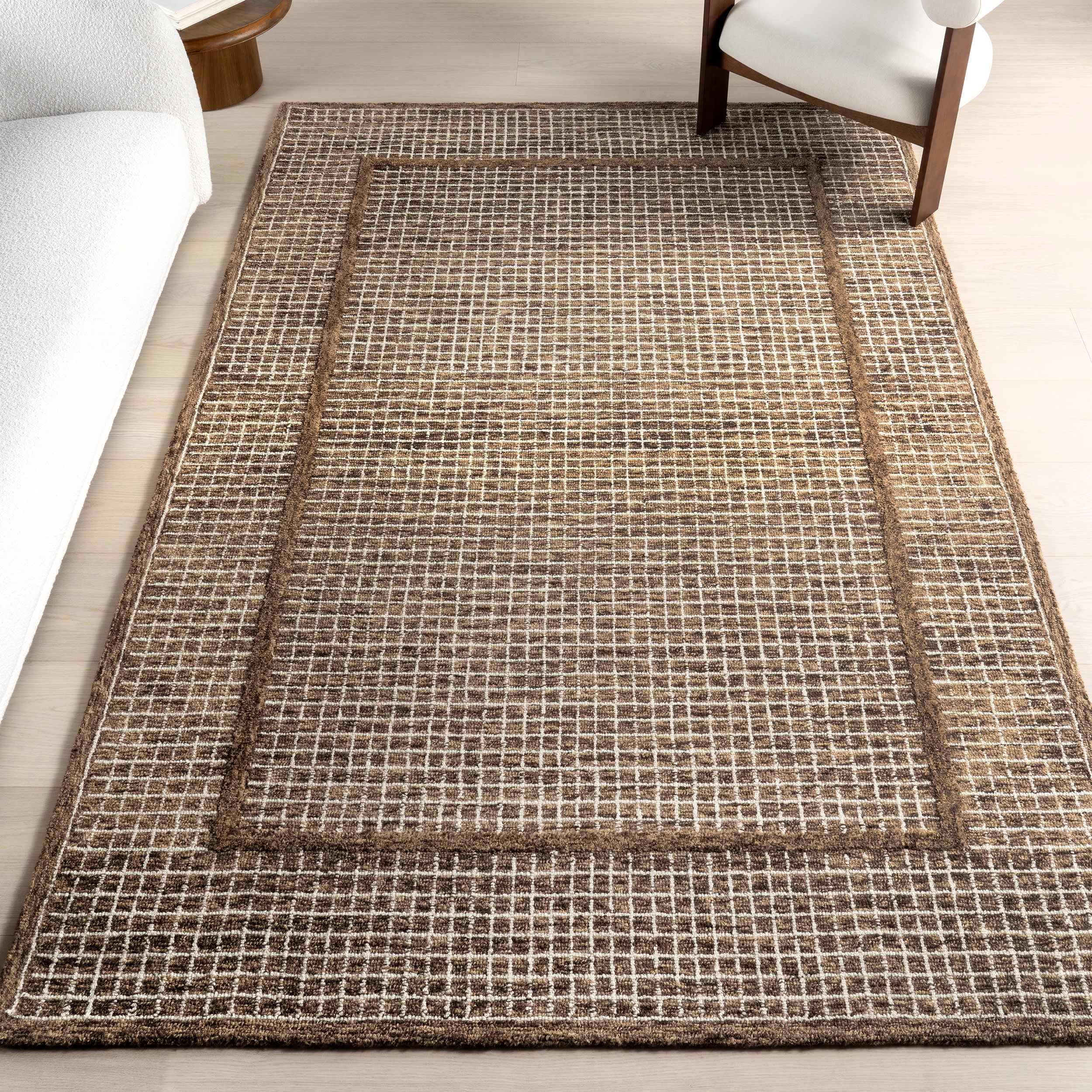 Chessie Checked Wool Rug - Brown | Soft & Durable Area Rug for Living Room, Bedroom, or Office Decor