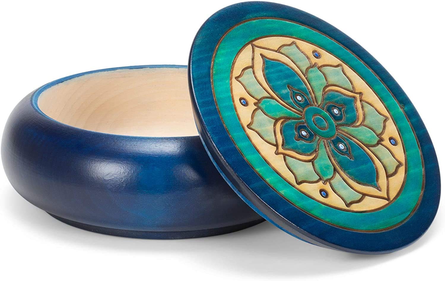 Handmade Decorative Wooden Jewelry Box with Blue Mandala Design - Round Keepsake Box Made in Poland | Perfect for Jewelry Storage, Gift Giving & Home Décor