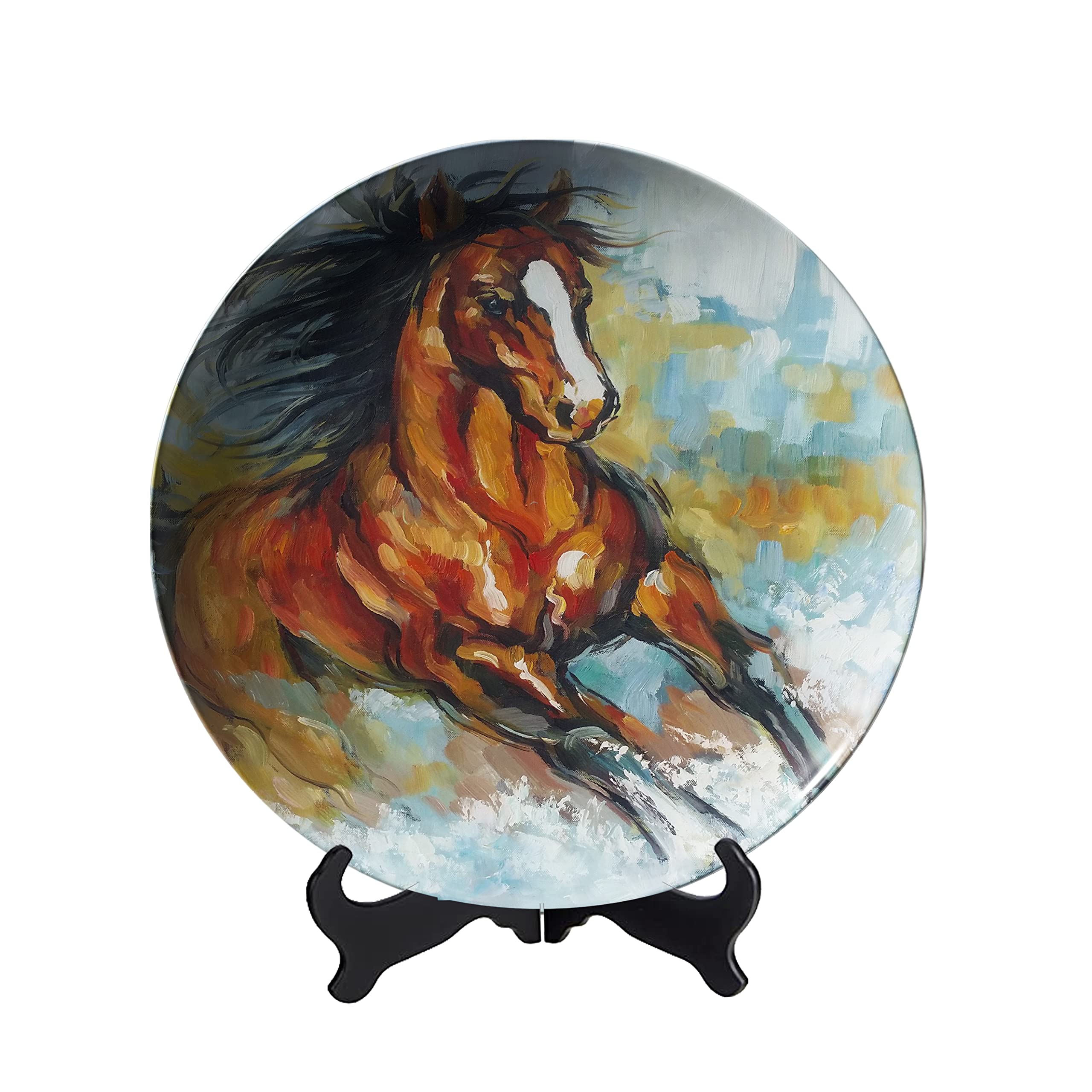 QGCC Galloping Horse Painting Ceramic Decorative Plate - Classic Animal Oil Painting Ornament for Home, Office, Party & Dining Table Decor - Elegant Porcelain Display Plate for Wall Hanging & Interior Design