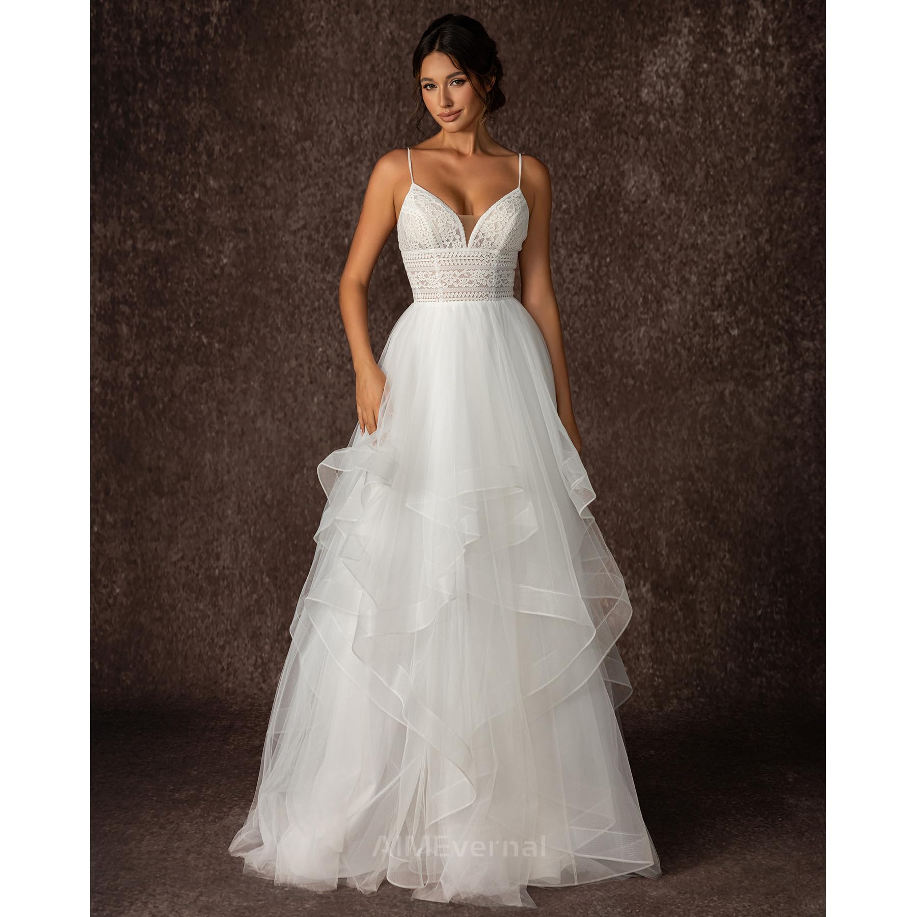 Boho Tiered Tulle Wedding Dress for Women - V Neck Slip Dress with Adjustable Straps | Sexy Beach Bridal Gown for Destination Weddings & Outdoor Ceremonies