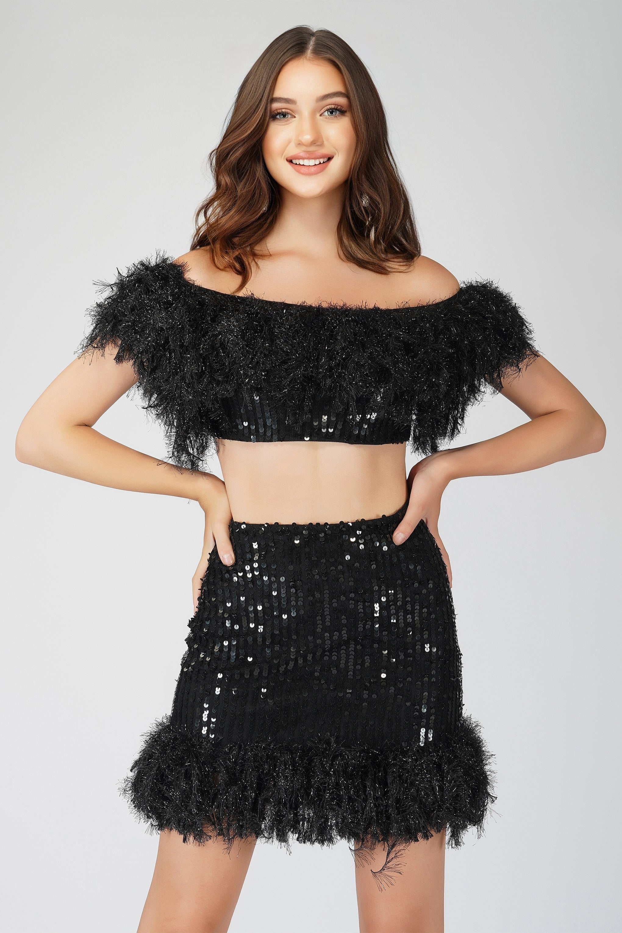 Zuri Sequin Black Feather Top for Women - Glamorous Party Blouse for Night Out, Club Wear, and Special Occasions