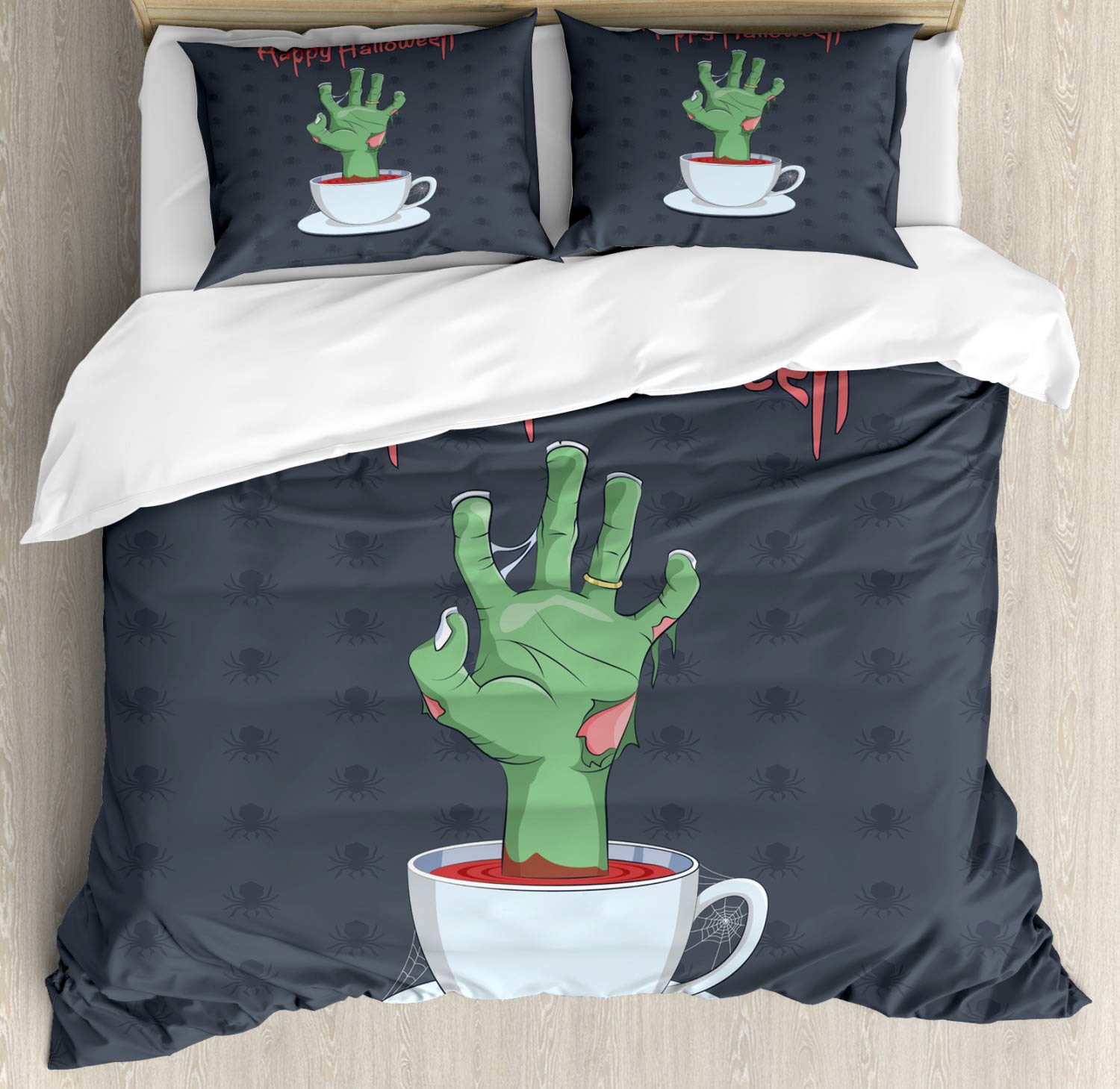 Ambesonne Halloween Duvet Cover Set - Zombie Hand in Bloody Tea Cup with Spiders & Happy Halloween Lettering, 3-Piece King Size Bedding Set (Duvet Cover + 2 Pillow Shams) in Grey Pale Rust Green | Spooky Bedroom Decor for Halloween Party, Haunted House Theme, or Horror Movie Night