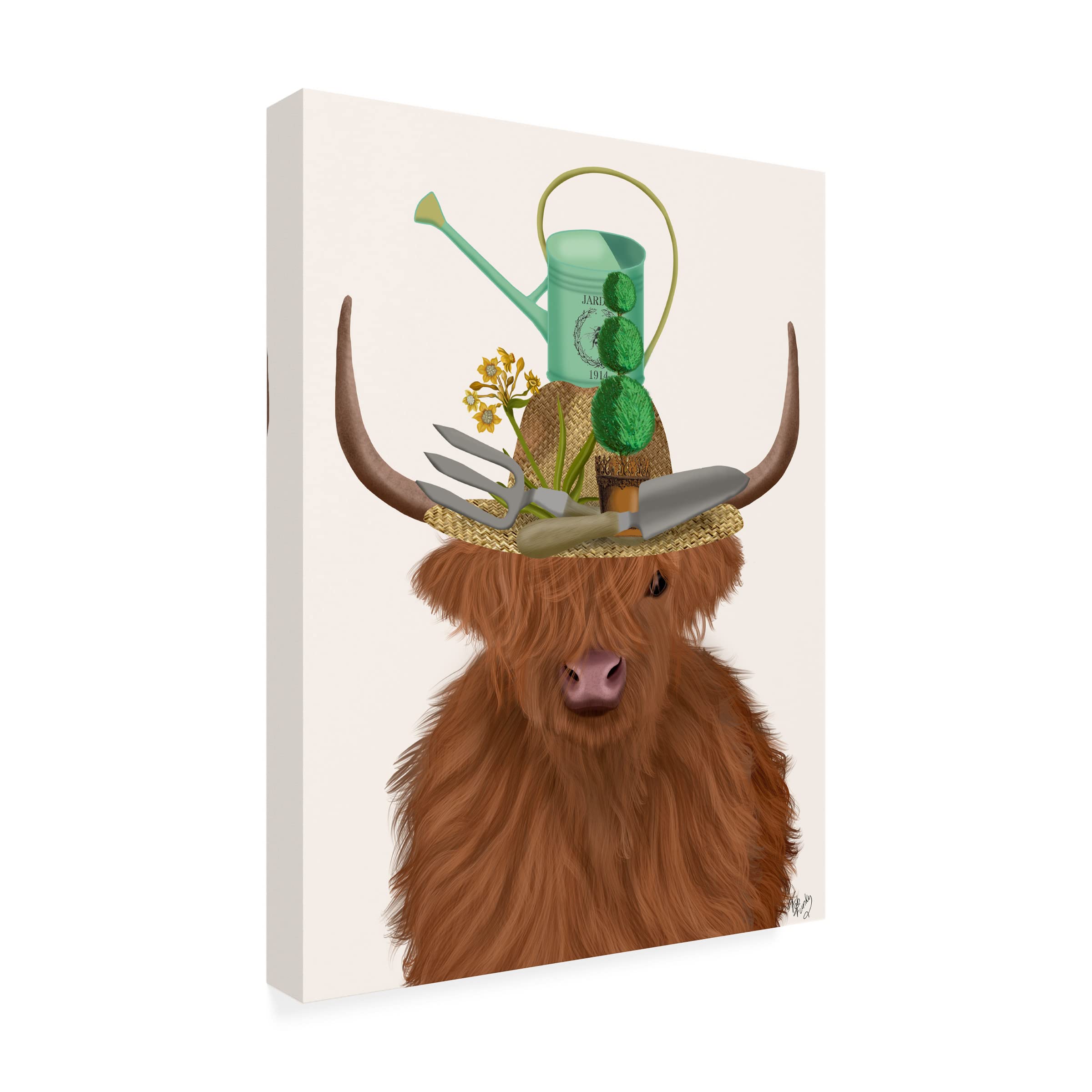 Trademark Fine Art 'Highland Cow and Gardener's Hat' Canvas Wall Art by Fab Funky - Perfect for Living Room, Bedroom & Office Decor