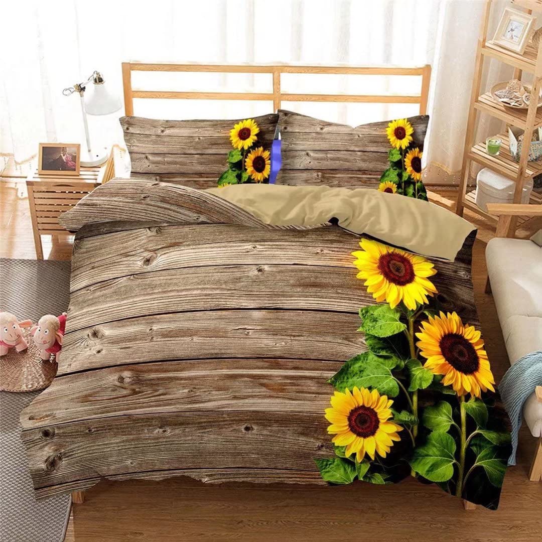 Sunflower Twin Size Bedding Set with Wood Board Print - 100% Cotton Duvet Cover & Comforter Set for Girls Bedroom | Perfect for Spring Decor, Guest Room & Dorm Essentials