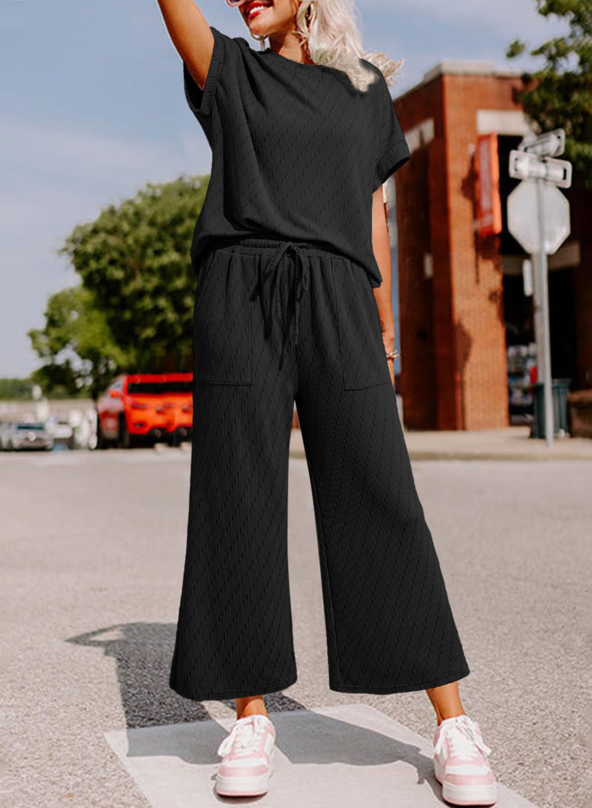 Dokotoo Women's 2-Piece Casual Outfit - Short Sleeve Summer Top & High Waist Wide Leg Pants Lounge Set | Comfortable Loungewear for Home, Travel & Relaxation