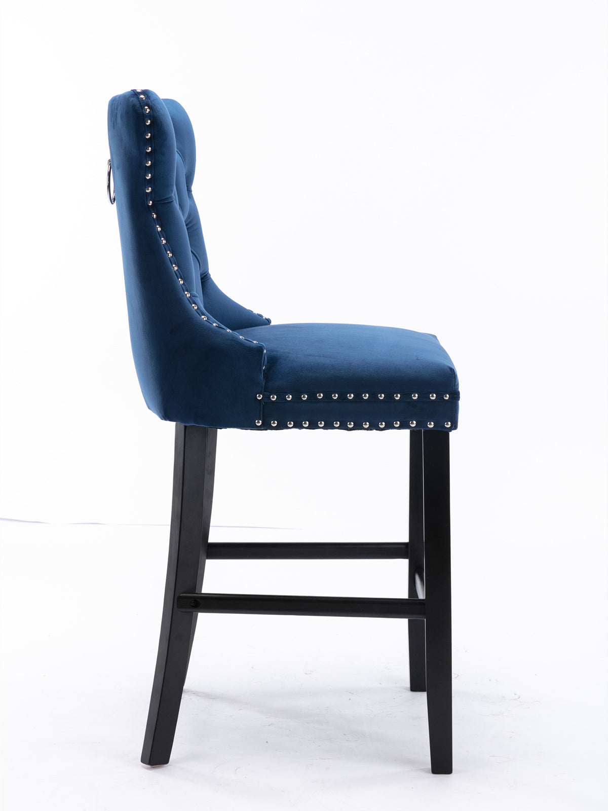 Modern Velvet Upholstered Bar Stools with Button Tufted Back & Wooden Legs - Chrome Nailhead Trim Accent - Set of 2 Blue Bar Chairs (SW2002BL) for Kitchen Island, Breakfast Nook & Home Bar Decor