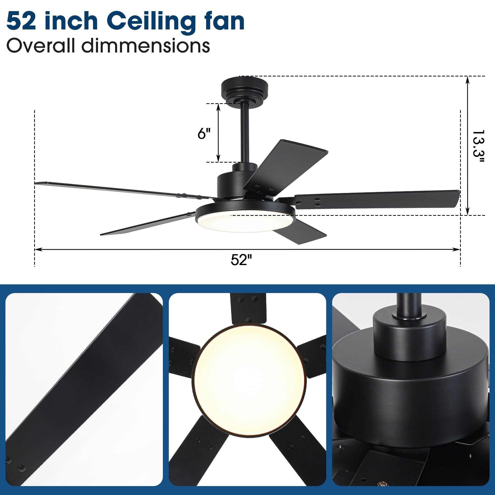 Vaczon 52 Inch 5-Blade Modern Ceiling Fan with LED Light, Remote Control & DC Motor - Energy Efficient Cooling for Living Room, Bedroom & Patio