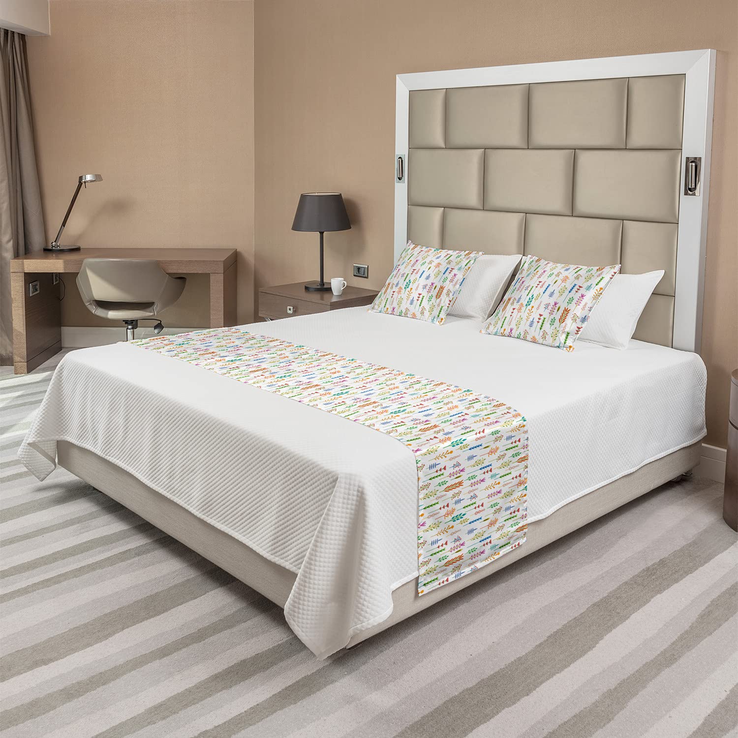 Ambesonne Botany Queen Bed Runner Set - Colorful Geometric Floral & Herbs Print Decorative Bedding Scarf with 2 Pillow Shams | Luxury Hotel & Home Decor for Bedroom, Living Room | Multicolor