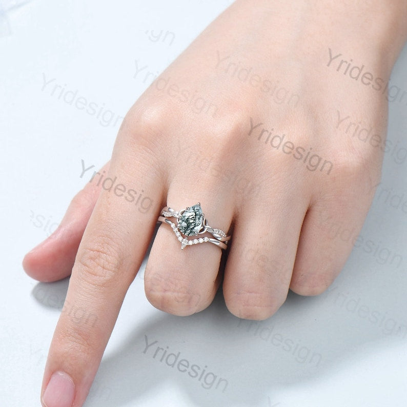 Viking Style 6x9mm Pear Shaped Moss Agate Engagement Ring Set with 3/4 Eternity Twisted Infinity Moissanite & Diamond Wedding Band for Women - Perfect for Norse-Themed Weddings, Viking Lover Gifts & Unique Proposal Jewelry