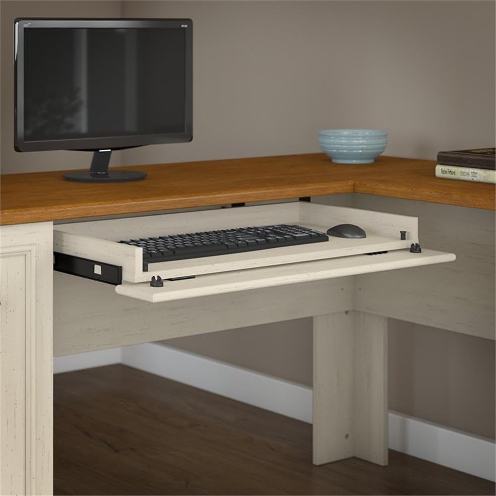 Atlin Designs 60W L-Shaped Computer Desk with Storage Drawers - Antique White Finish for Home Office, Gaming & Small Space Workstation