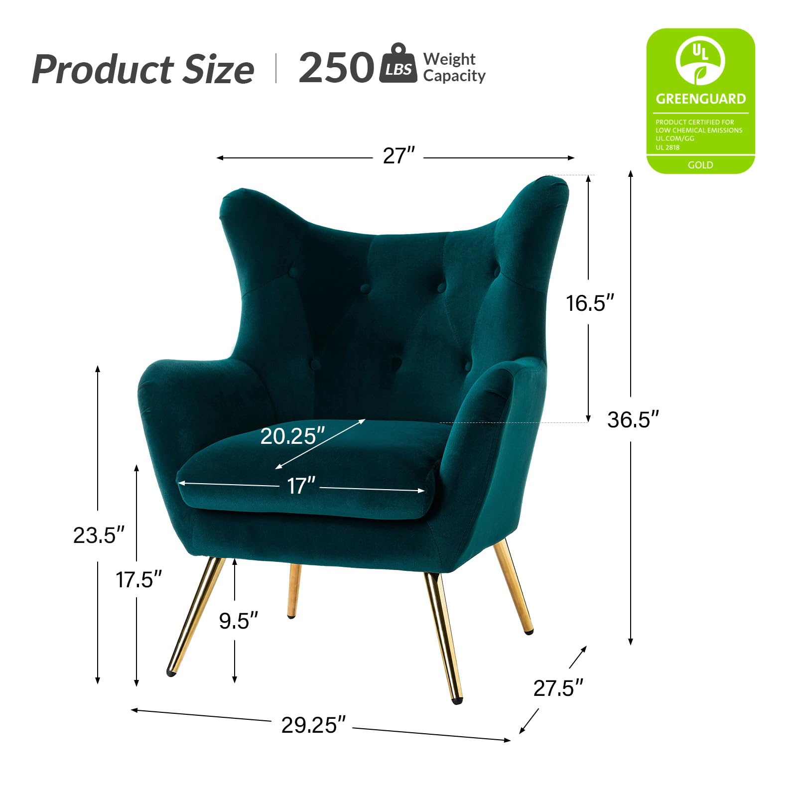 Velvet Accent Chair with Gold Metal Legs - Modern Wingback Tufted Upholstered Armchair for Living Room, Bedroom & Dining Room | Luxurious Teal Velvet Club Chair for Home Decor & Guest Seating
