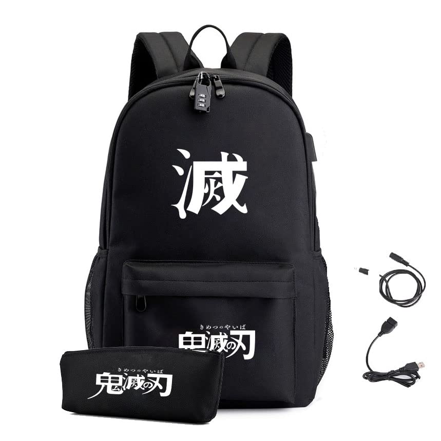 **Demon Slayer Anime Backpack with Anti-Theft Lock, USB Charging Port & Pencil Case - Large School Bag for Teens (48x18x30cm) - Perfect for School, Travel & Cosplay**