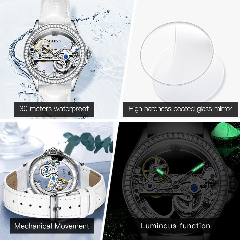 OLEVS Women's Luxury Skeleton Automatic Mechanical Watch - Silver Dress Watch with Waterproof & Luminous Features - Perfect Gift Set for Formal Occasions, Business Meetings & Special Events