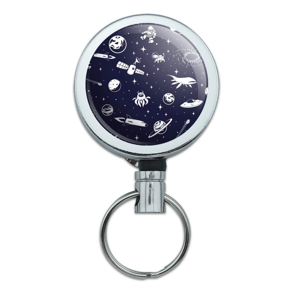 Space Themed Heavy Duty Metal Retractable ID Badge Holder with Belt Clip - Stars, Planets, Astronauts & Spaceships Design - Perfect for Office Security, Events & Cosplay Accessories