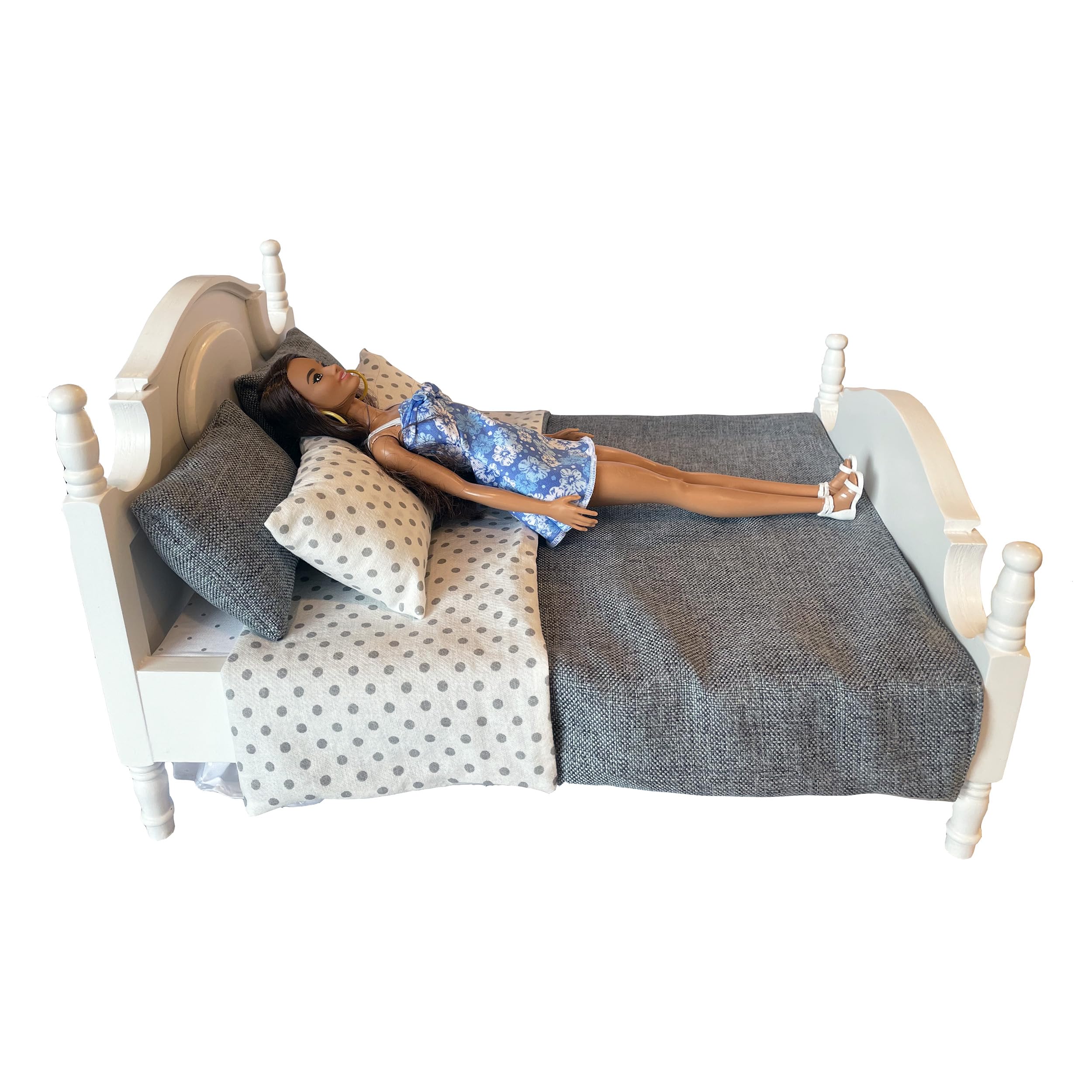 1/6 Scale Dollhouse Furniture Queen Bed Set - Miniature Grey Bedding & White Wooden Frame for 12 Inch Dolls | Perfect for Dollhouse Bedrooms, DIY Projects & Collectors Display