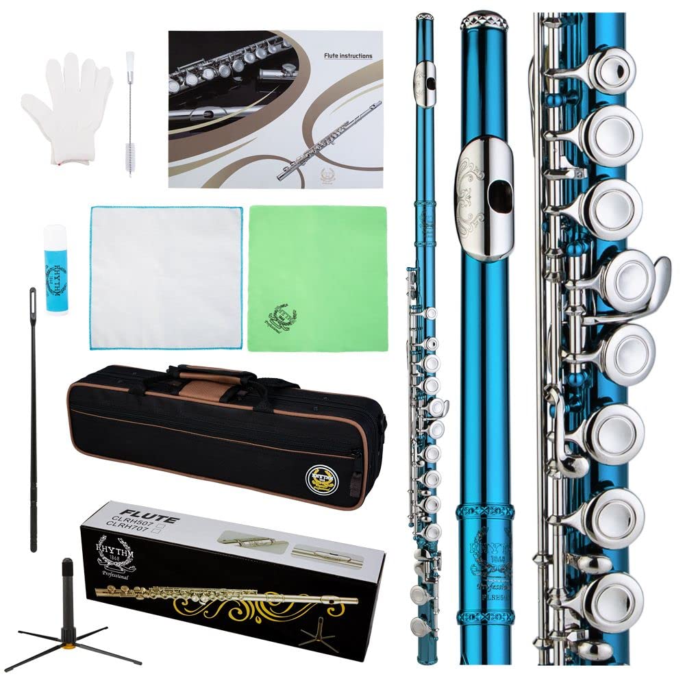 16 Keys C Flute with Engraved Flowers - Closed Hole Student Flute for Beginners | Includes Cleaning Kit, Stand, Carrying Case, Gloves & Tuning Rod | Light Blue Musical Instrument for School Band, Practice & Performances