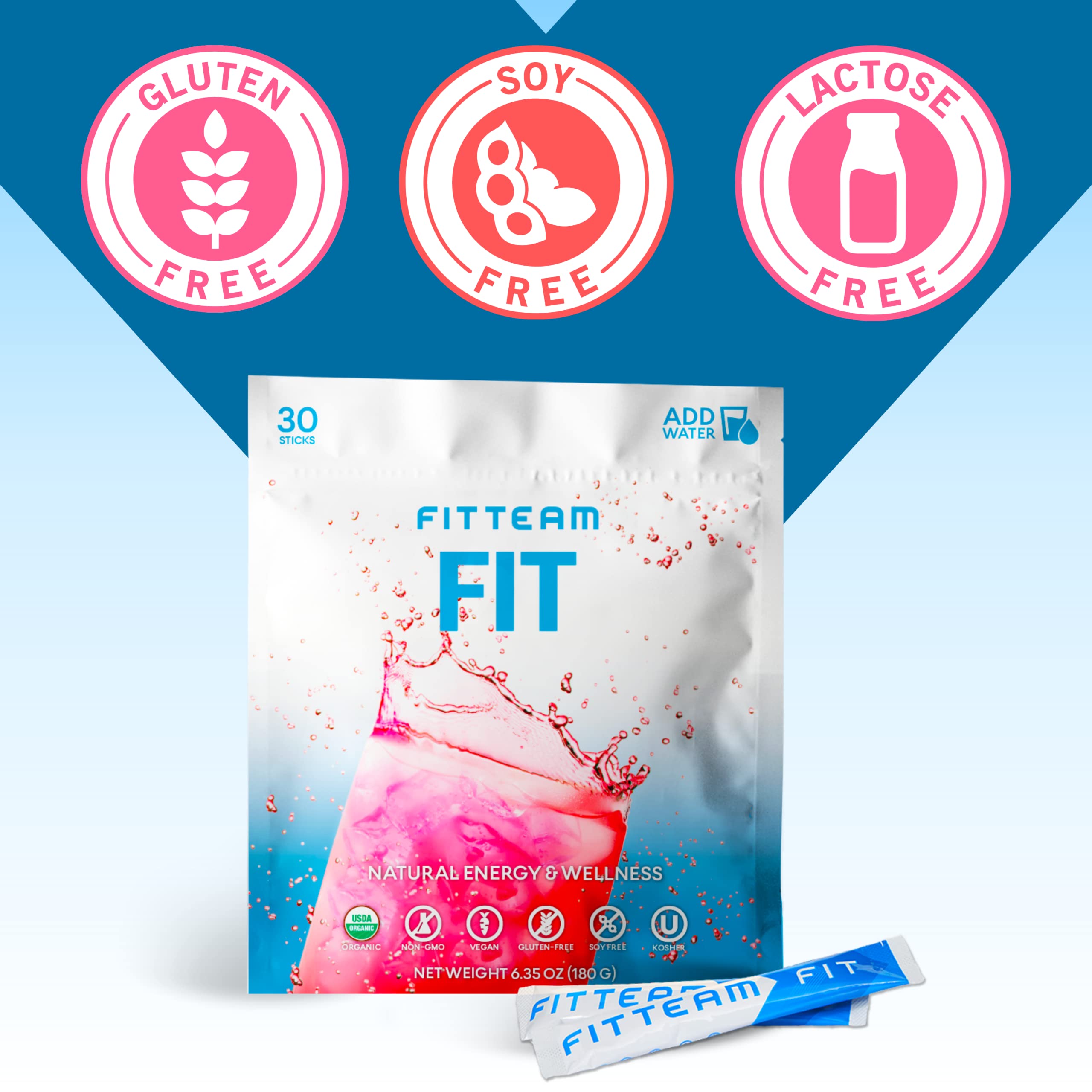 FITTEAM Organic Energy Drink Mix Sticks - Boost Mental Focus, Energy & Metabolism with Antioxidants - Mood Support Wellness Beverage - 30 Individually Wrapped Packets - Perfect for Workouts, Office & Travel Energy Boost