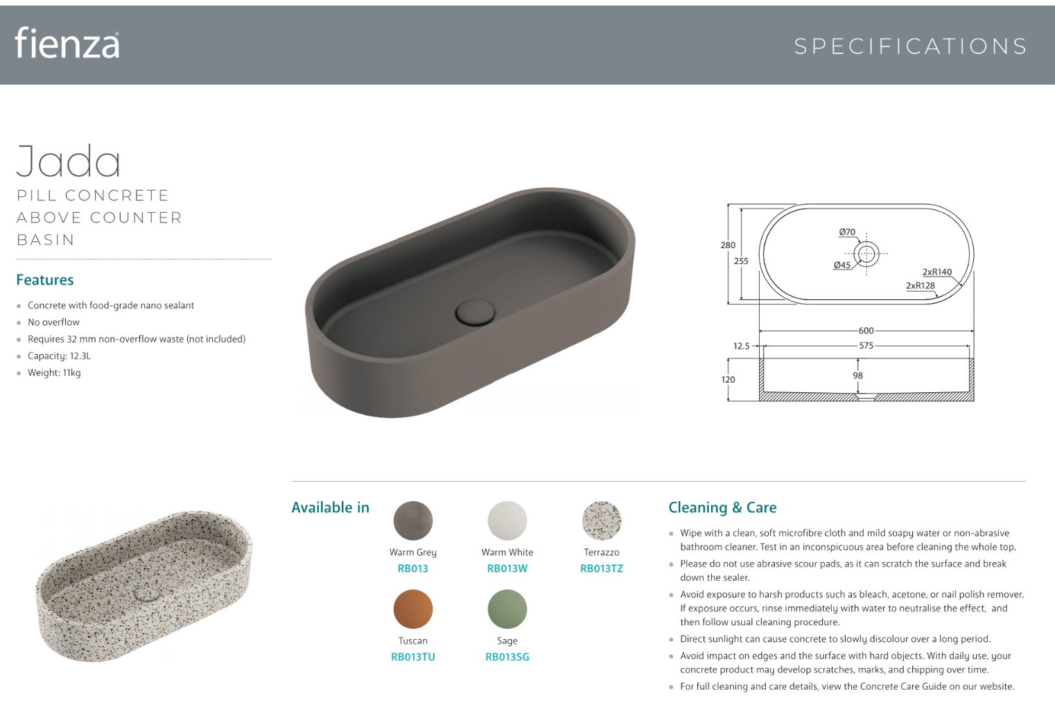 Fienza RB013TZ Jada Pill Concrete Above Counter Basin - Modern Terrazzo Bathroom Sink for Vanity, Powder Room & Guest Bath Installation