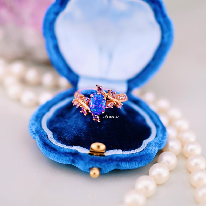 Starry Night Van Gogh Inspired Blue Fire Opal & Cornflower Sapphire Ring - 14K Rose Gold Vermeil Jewelry for Women - Perfect for Evening Parties, Weddings & Special Occasions