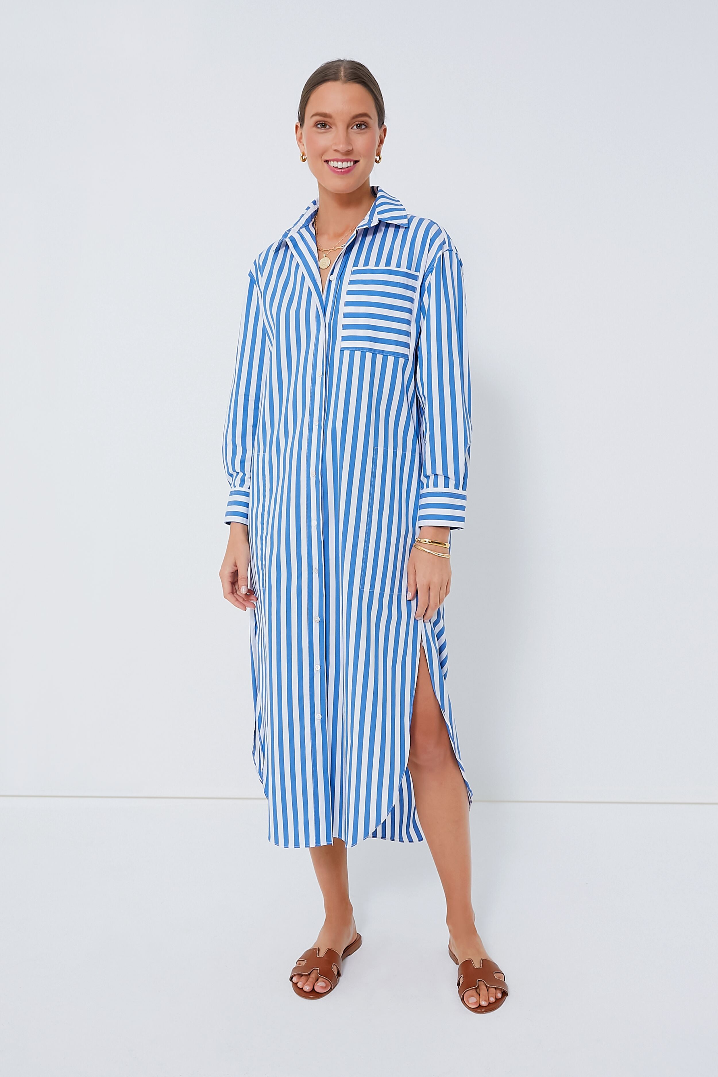 Blue Stripe Constance Maxi Shirt Dress for Women - Elegant Long Sleeve Button Down Tunic - Perfect for Casual Outings, Office Wear & Summer Vacations