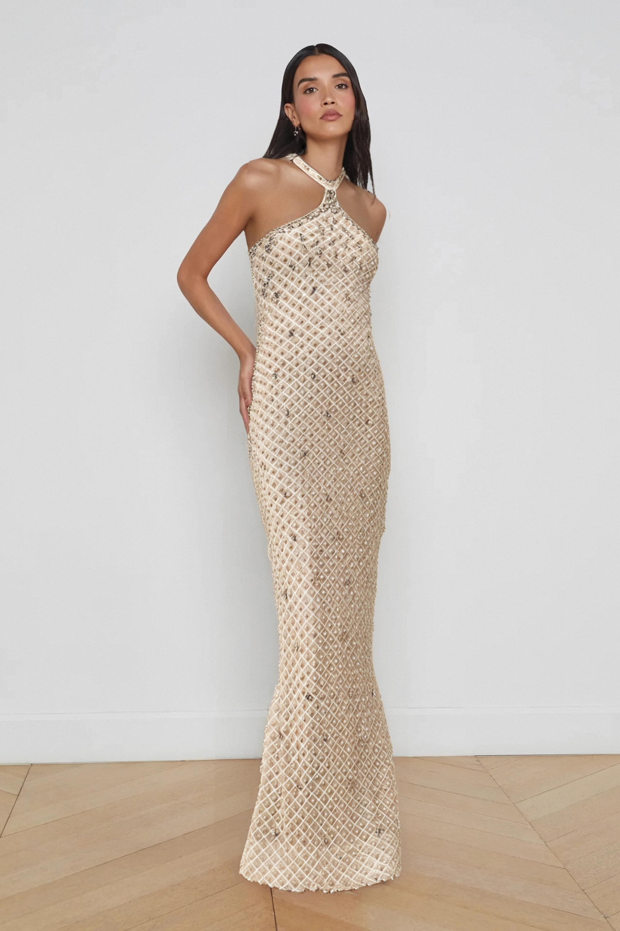 Claudine White Embellished Halterneck Maxi Dress - Elegant Summer Beach Wedding Party Gown for Women
