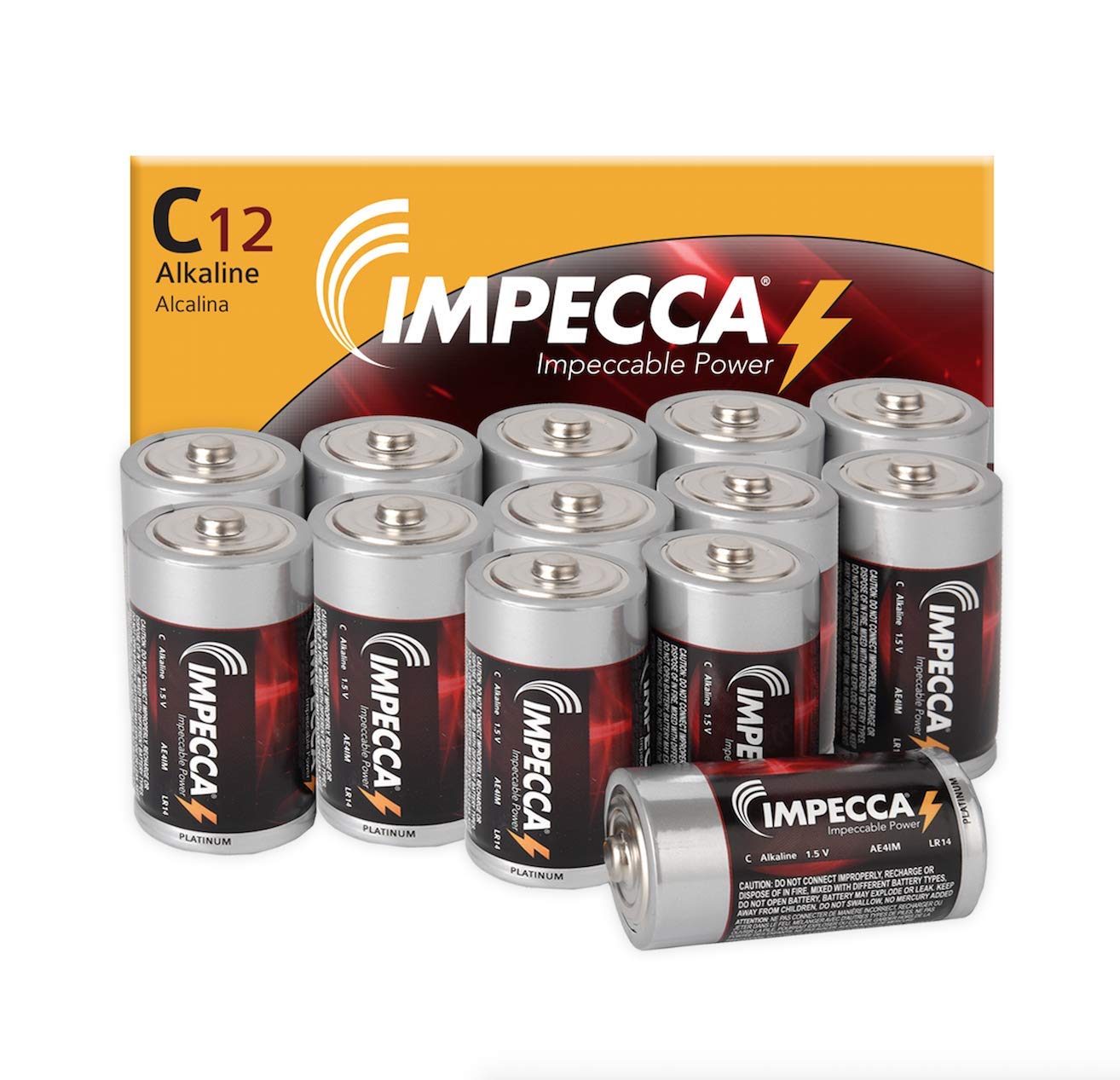 Premium Impecca C Batteries - 12 Pack Alkaline C Cell 1.5V Long Lasting Power with 10-Year Shelf Life | Leakproof & Reliable for Flashlights, Toys, Clocks & Emergency Devices (Platinum Series)