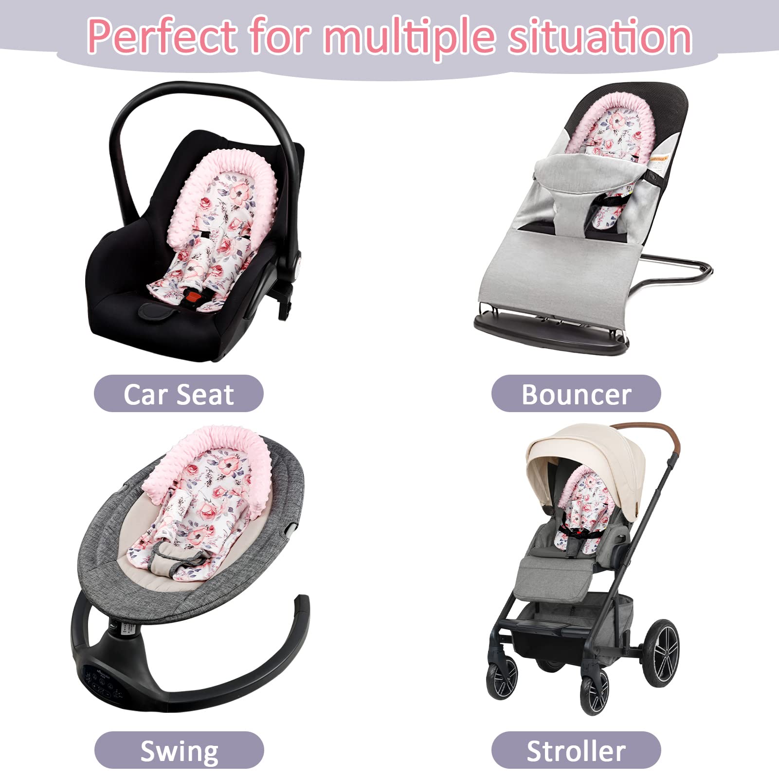 Baby Car Seat Head Support & Strap Cover - Soft Mink Infant Headrest for Newborn Girls - Breathable Car Seat Insert Cushion for Strollers (Pink Floral) - Perfect for Travel, Shopping & Daily Commutes