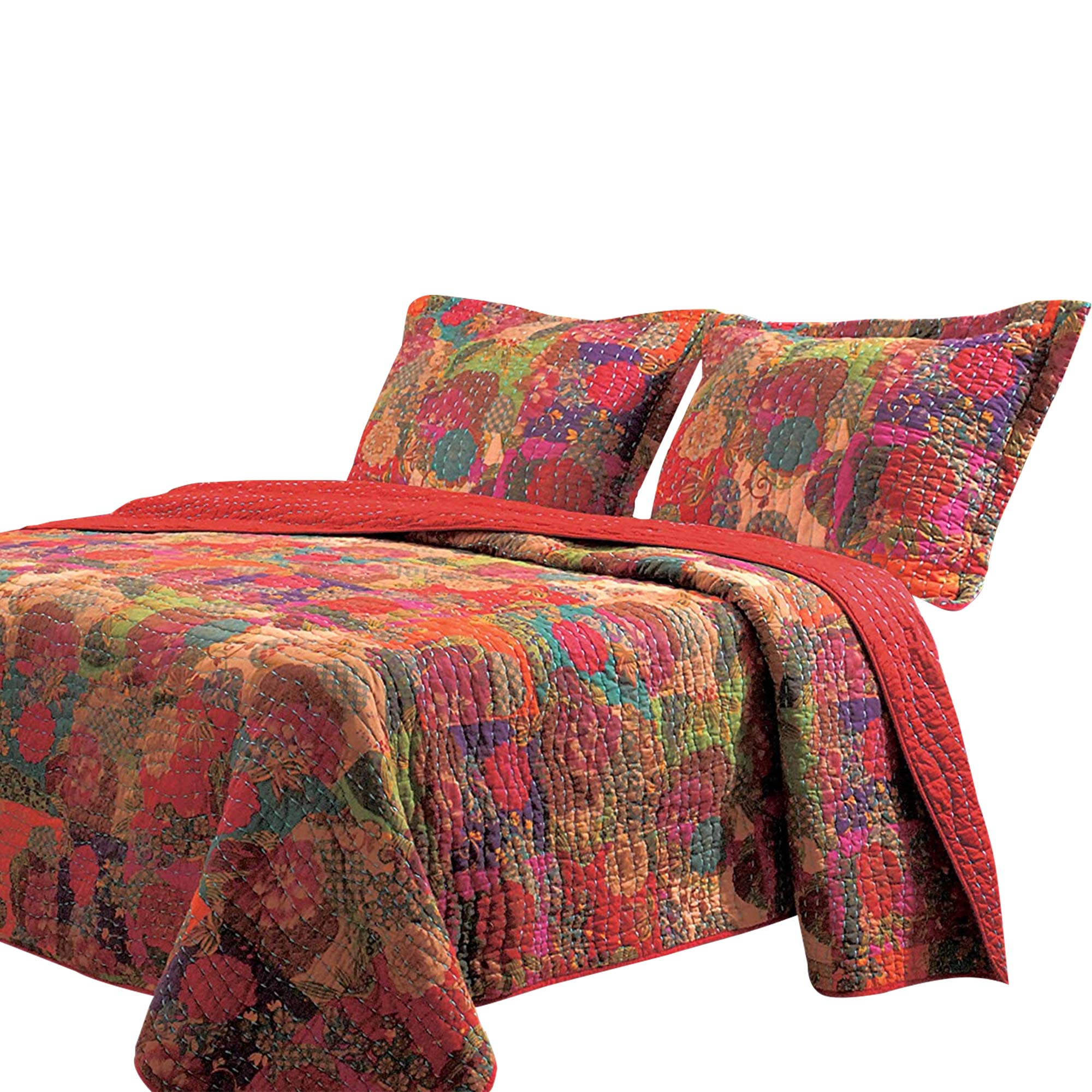Benjara Tisa 3-Piece Reversible King Size Quilt Set - Floral & Fruit Pattern, Multicolor Bedding for Master Bedroom or Guest Room Decor