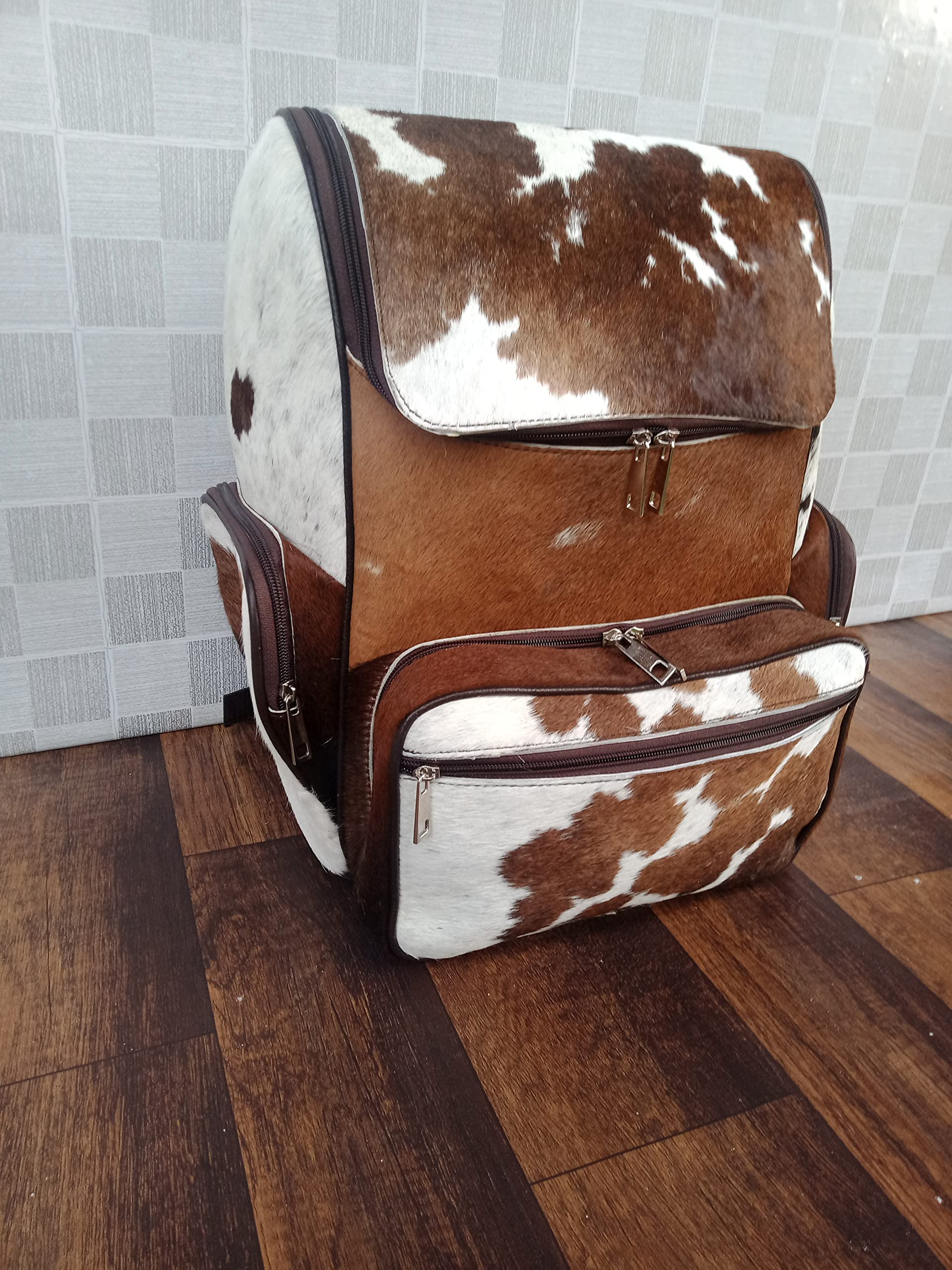 Genuine Cowhide Backpack with Fur Leather | Stylish Diaper Bag, Travel Shoulder Bag & Baby Carrier | Durable Cow Skin Rucksack for Moms & Outdoor Adventures (Tricolor Design) - Perfect for Parenting, Hiking & Daily Commute