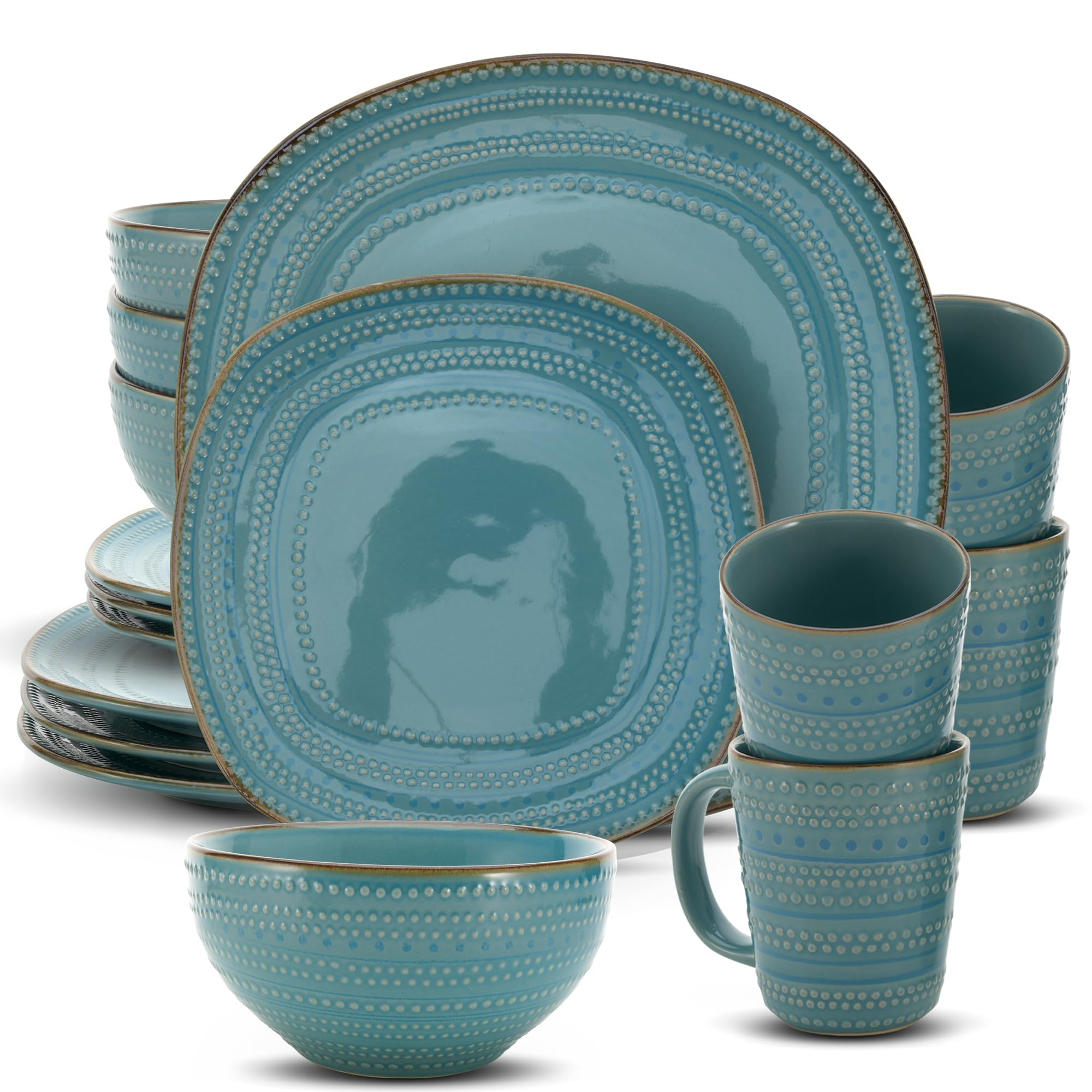 American Atelier 16-Piece Teal Stoneware Dinnerware Set - Includes Dinner Plates, Salad Plates, Bowls & Mugs | Durable Ceramic Tableware for Everyday Use, Dinner Parties & Holiday Gatherings
