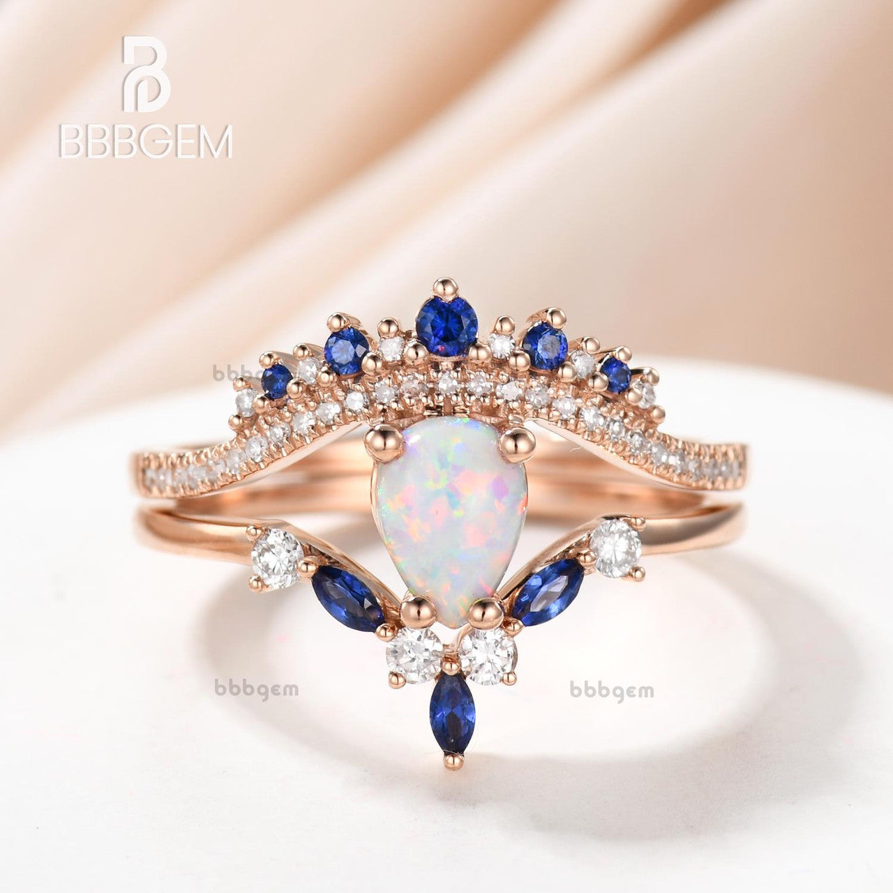 Pear Shaped Opal Engagement Ring with Diamond Accents & Blue Sapphire Wedding Band - Stackable Bridal Set for Proposal, Anniversary & Special Occasions