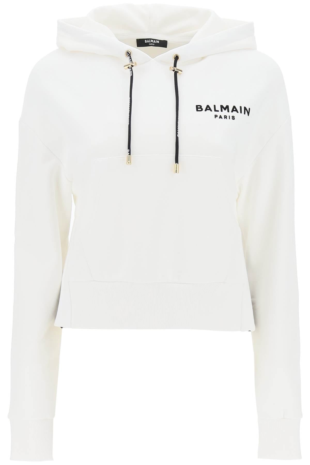 Balmain Cropped Sweatshirt with Flocked Logo Print - Stylish Women's Fashion for Casual Wear & Street Style