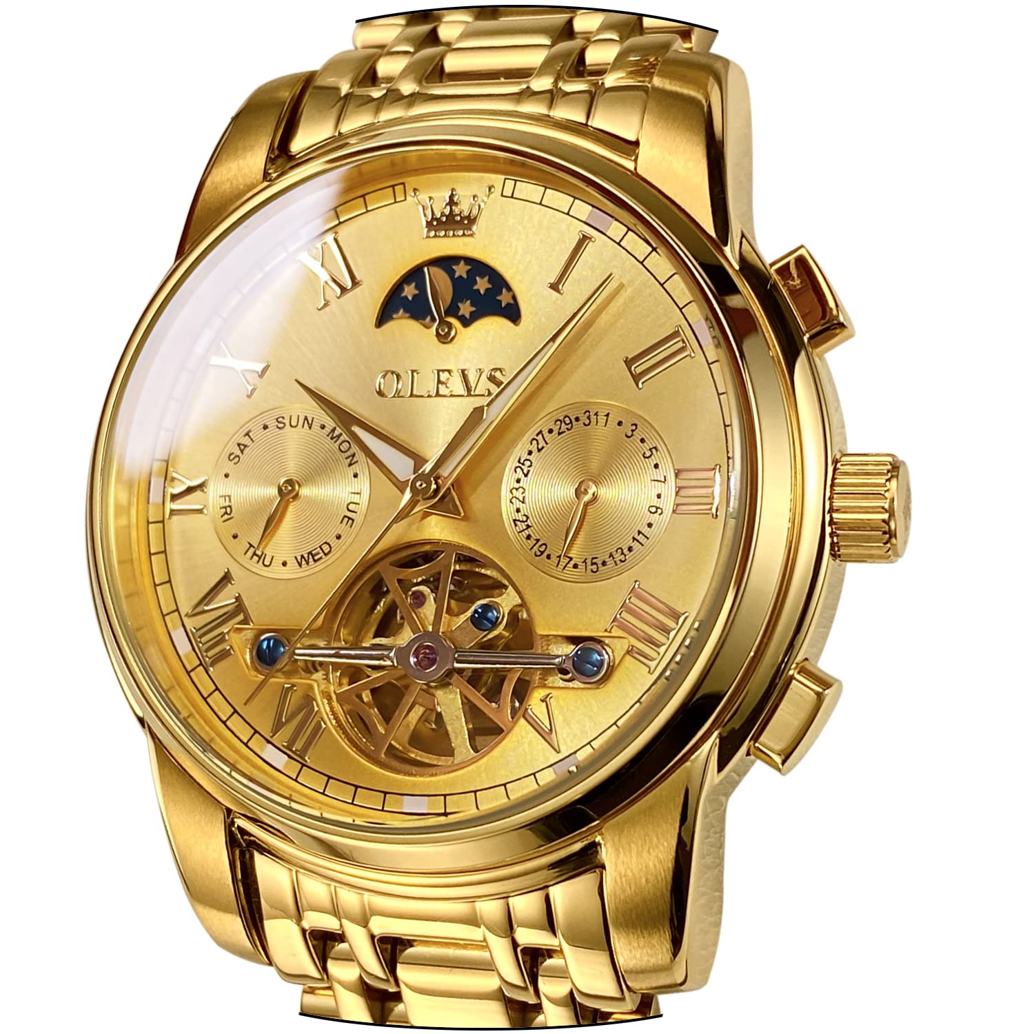 OLEVS Men's Automatic Mechanical Tourbillon Watch - Self-Winding Luxury Stainless Steel Waterproof Wristwatch with Luminous Hands & Date Display | Perfect for Business, Formal Events & Everyday Wear