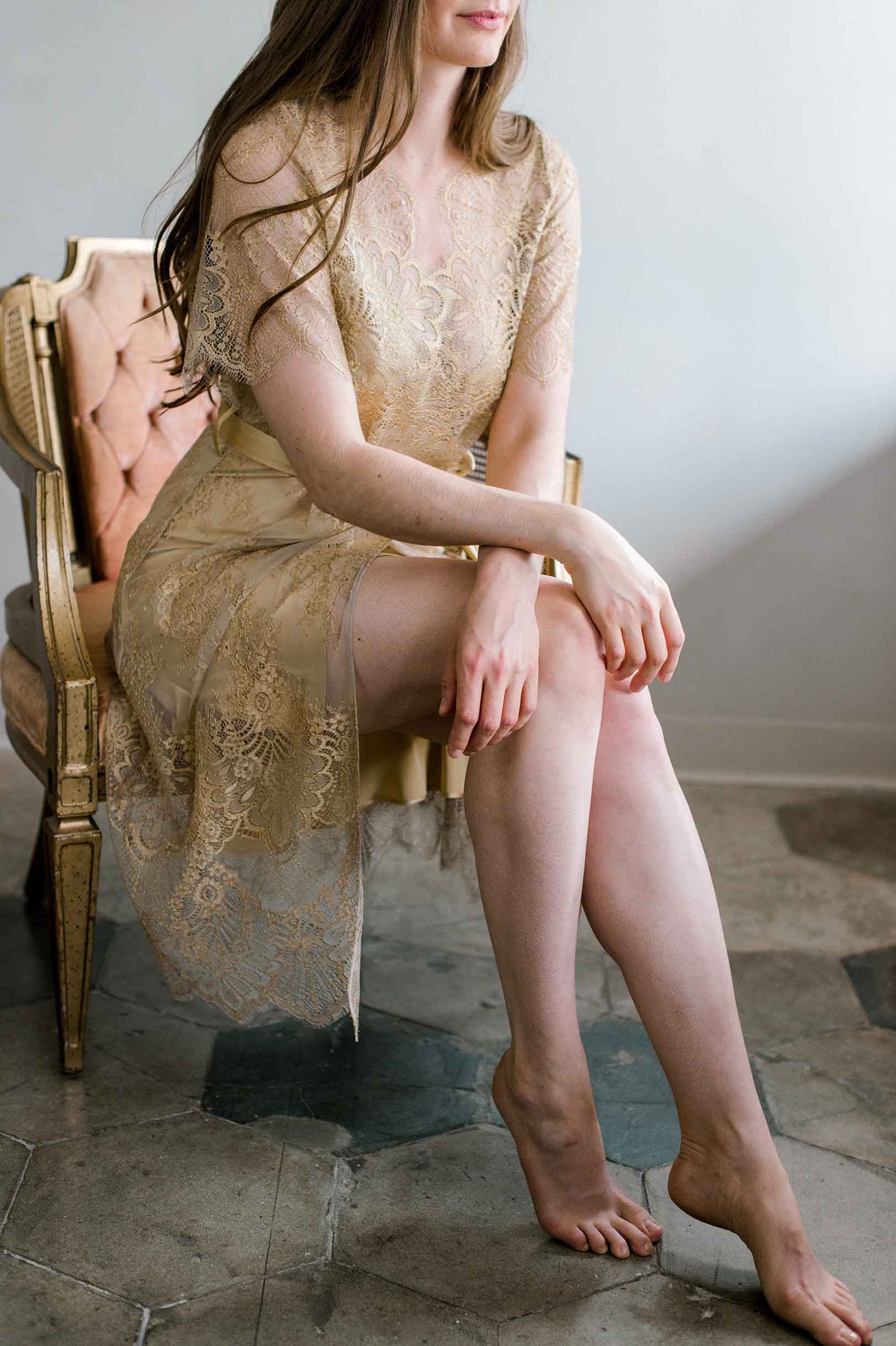 Gold Harlow Midi Lace Robe with Flutter Sleeves - Elegant Loungewear for Bridal Shower, Honeymoon & Special Occasions
