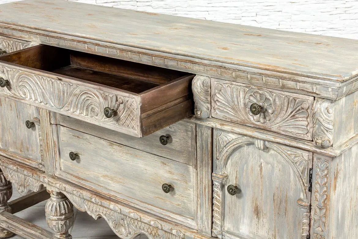 French Arched Hand Carved Solid Wood Console Table - Indian Teakwood Hallway Entryway Furniture - Grey Finish for Living Room, Foyer & Home Decor