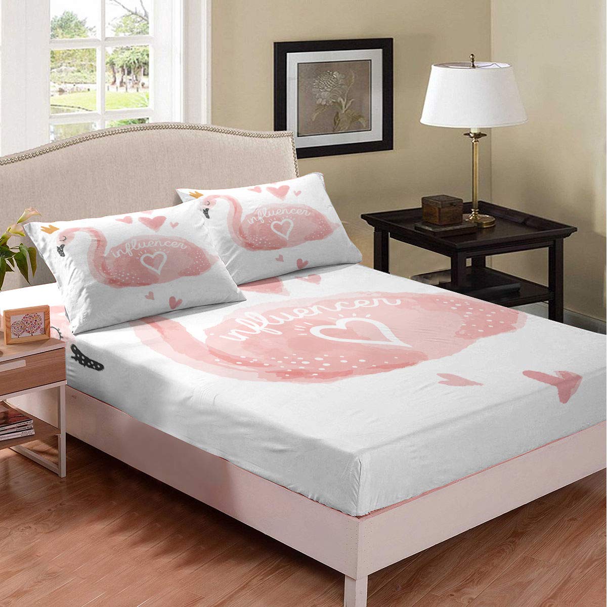 Queen Size Cooling Flamingo Bed Sheet Set - 3 Piece Deep Pocket Fitted Sheet with 2 Pillowcases (60x80x16 Inches) - Breathable Soft Bedding for Hot Sleepers & Tropical Bedroom Decor