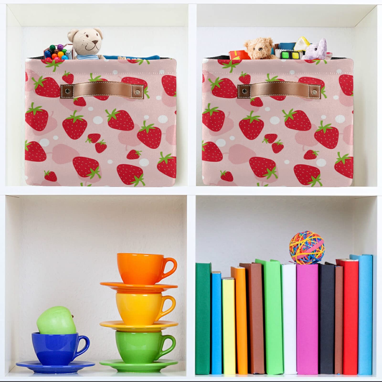 Strawberry Pattern Foldable Storage Bin - Collapsible Fabric Storage Basket with Handles for Organizing Toys, Nursery, Closet, Bedroom & Office - Set of 2 (Perfect for Kids' Room, Playroom & Home Organization)